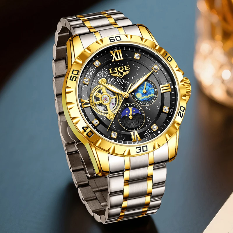 LIGE 2025 Automatic Watches Men Luxury Starlight Mechanical Mens Watch 30M Waterproof Luminous Fashion Wristwatches Reloj Hombre