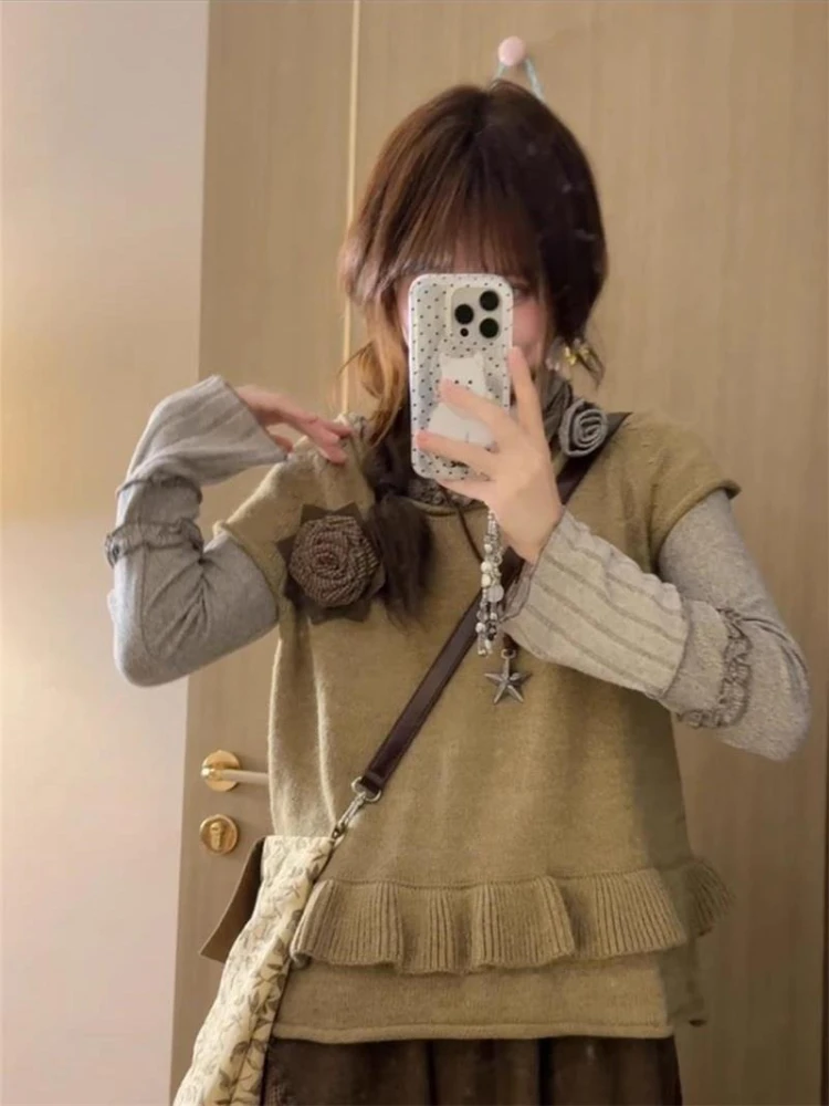

Fashion Vintage Sweater Vest Three Dimensional Flowers Ruffles Design Jumpers Casual Loose All Match Pullovers Women's Clothing