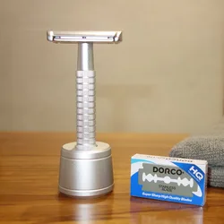 iRAZOR Double Edge Safety Razor for Men Wet Manual Shaver Barber Grooming Tool with 10 Blades and Stand Base Father's Day Gift