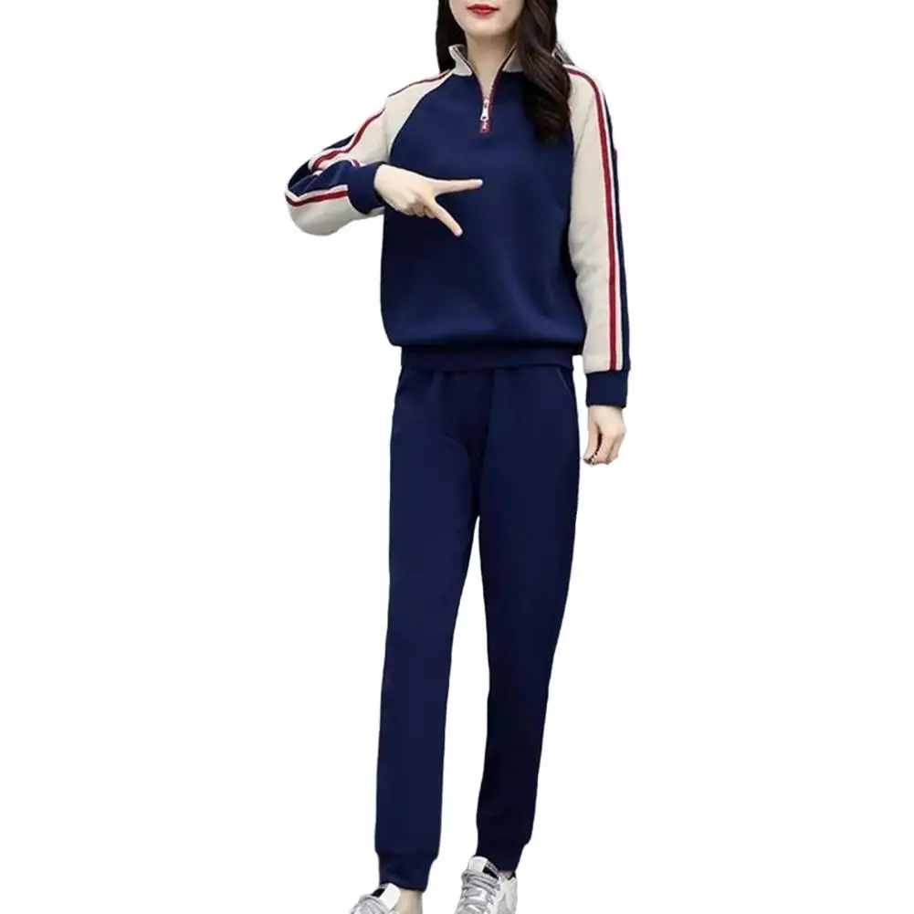 Women Stylish Suit Set Cozy Women\'s Tracksuit Set Stylish Color Matching Stand Collar Elastic Waist for Fall Winter Contrast