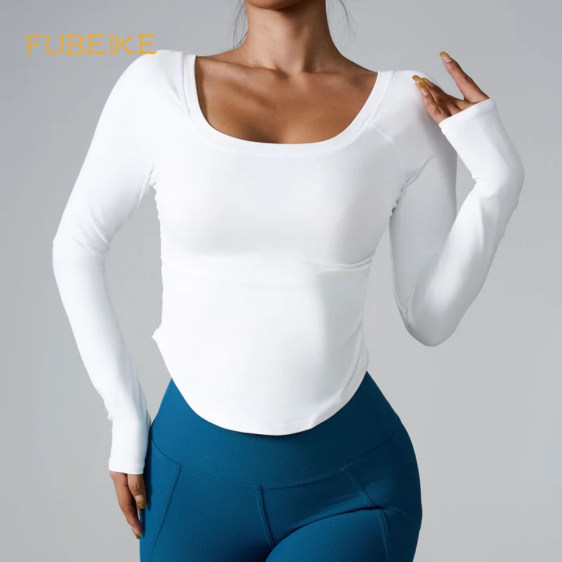 

FUBEIKE Seamless Sports Long Sleeve Quick-Drying High Elastic Sports Long T-shirt Nude Feel Pleated Skinny Gym Clothes Women