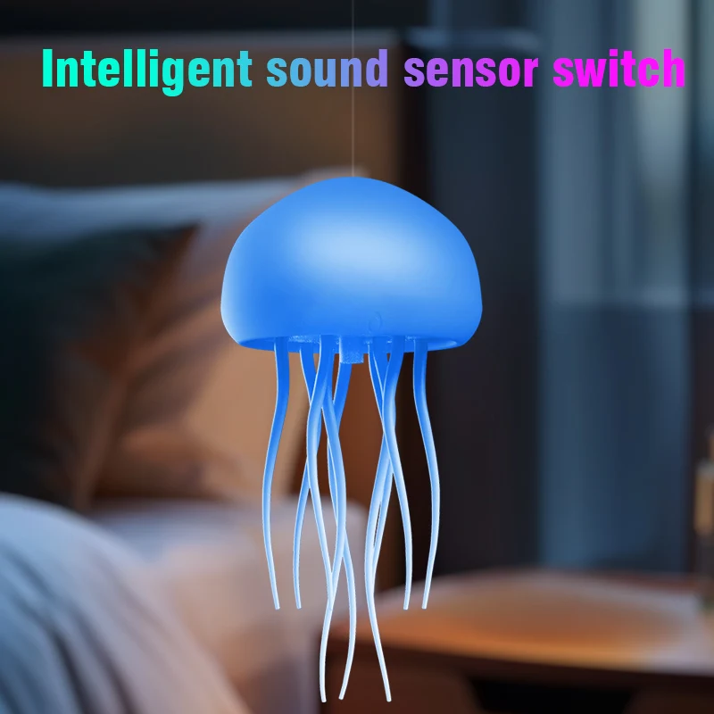 Jellyfish Cartoon LED Nihgt Light Voice Control Gradient Cute Rotating Jellyfish Hanging Bedside Lamp RGB Table Lamps Room Decor