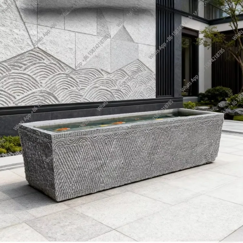 MX Stone Carving Fish Tank Flower Pot Natural Bluestone New Chinese Stone Groove Flowing Water Landscaping Ornament Courtyard