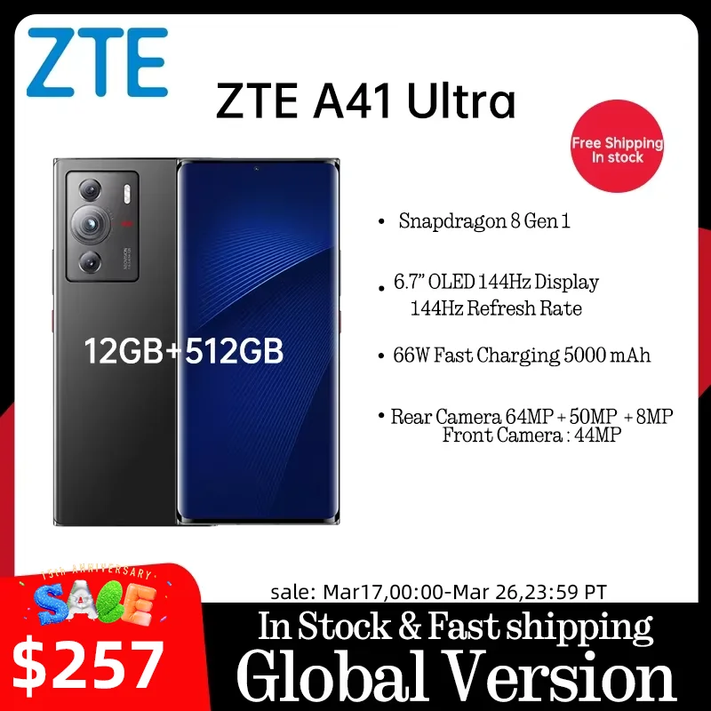 Original  ZTE  A41 Ultra 6.7 OLED 144Hz Display Snapdragon 8 Gen 1 66W Fast Charging 5000 mAh 64MP Camera A41 Ultra