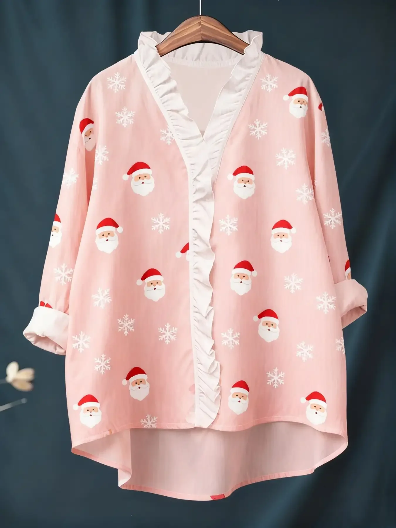 Christmas digital printed women's long sleeved shirt with ruffled collar, Tablet digital printing
