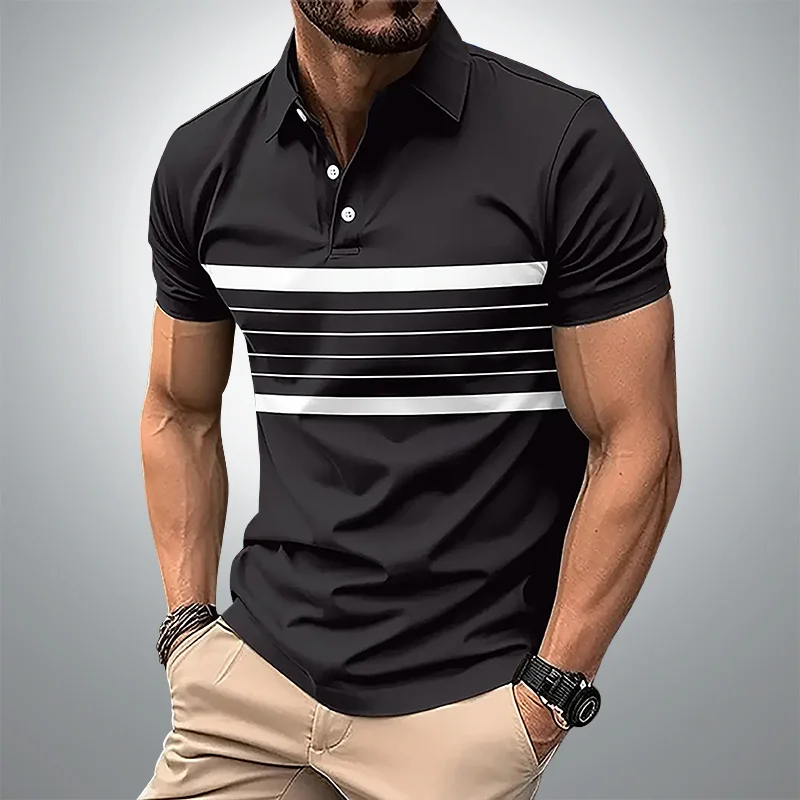 Summer men's short sleeved polo shirt, business office lapel shirt, men's sports and leisure fashionable stripe T-shirt top