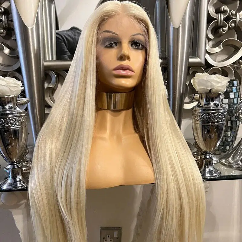 Synthetic Hair Bleach blonde Women T Lace Frontal Wigs Natural Long Straight