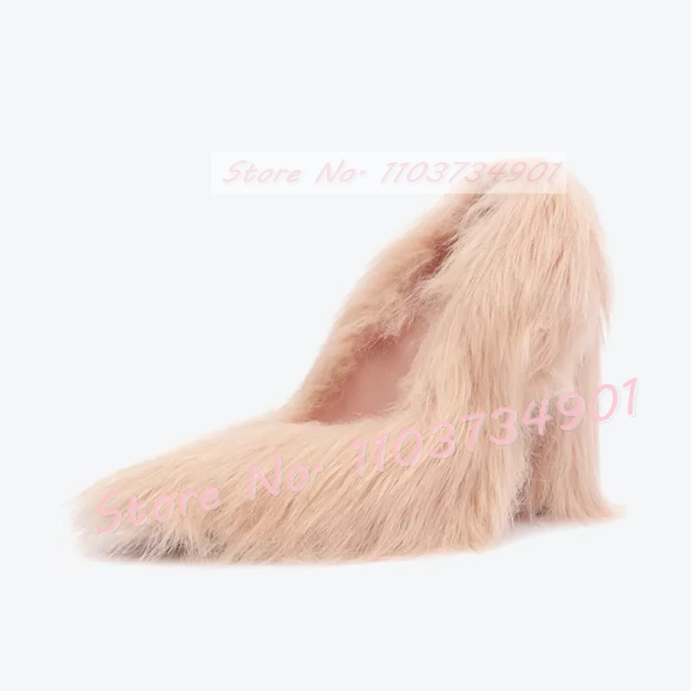 Nude Fur Pointy Block Heel Pumps Women Trendy Furry High Heels Party Shoes Ladies Casual Chic Novelty Girly Newest Black Pumps