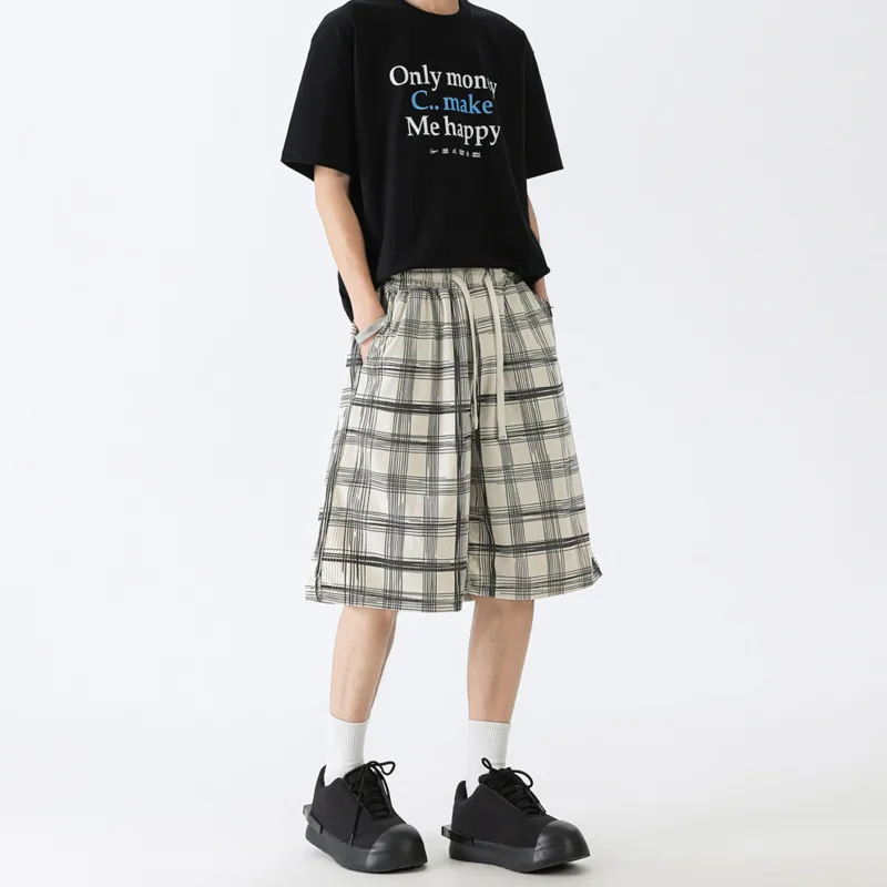 

Summer Shorts Men Fashion Retro Plaid Shorts Men Streetwear Hip-hop Loose Beige Black Shorts Man Vintage Shorts M-3XL