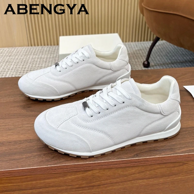 Unisex Casual Sneakers Round Toe Lace Up Couple Shoes Suede Leather Flat Shoes Women Plus Size 35-45 Comfort Trainers Shoes Men