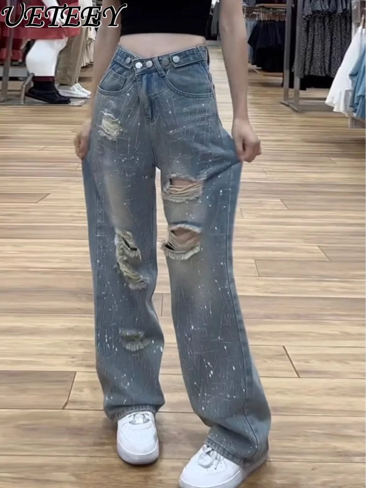 European Goods Rhinestone Shiny High Waist Ripped Straight Jeans Women's Summer Thin Plump Girls Oversized Wide-Leg Pants