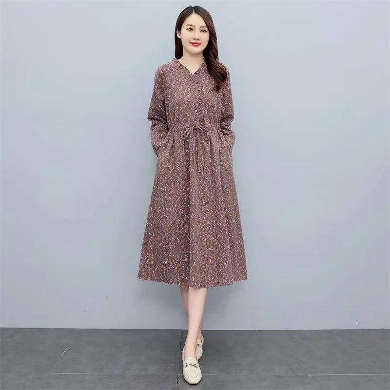 2025 New Spring Summer Women Long Sleeve V-Neck Midi Dresses Ruffles Drawstring Floral Print Party Dress Women Clothes