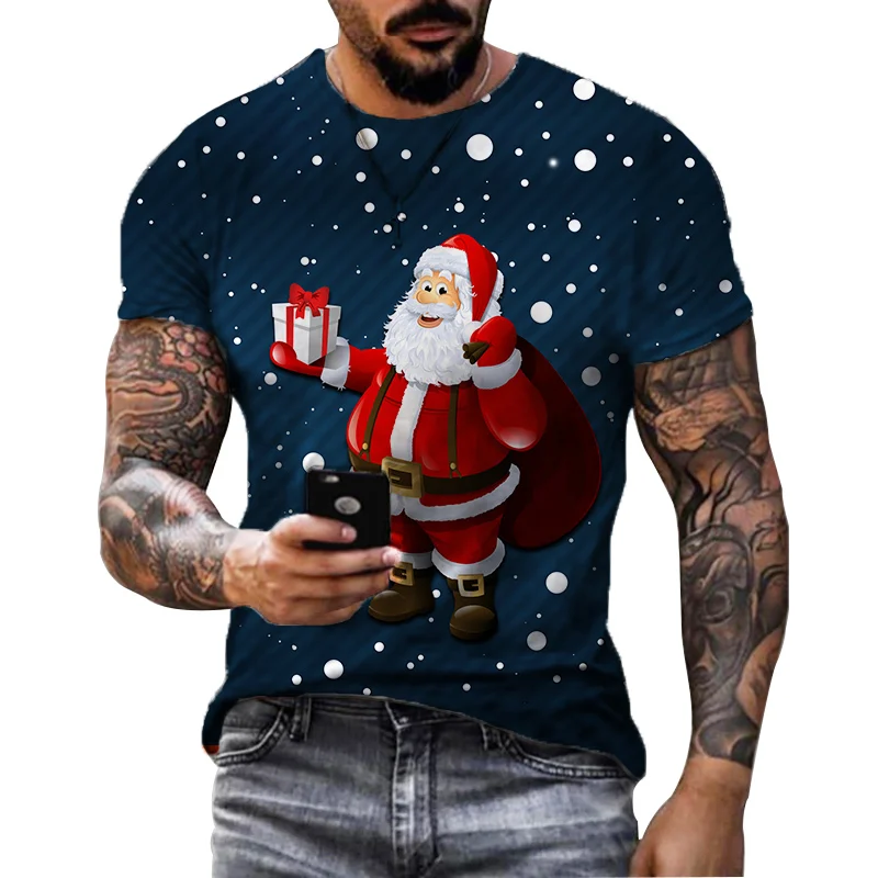 Santa Claus Pattern Men\'s T-shirt Elk Print Man Short Sleeve Merry Christmas T Shirts Casual Loose O-Neck Tee Tops Streetwear