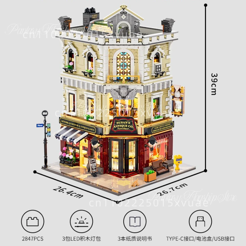 Bloques de construcción de tienda antigua, arquitectura urbana, coleccionables, modelo de juguete, adornos con luces, regalo de cumpleaños para niños