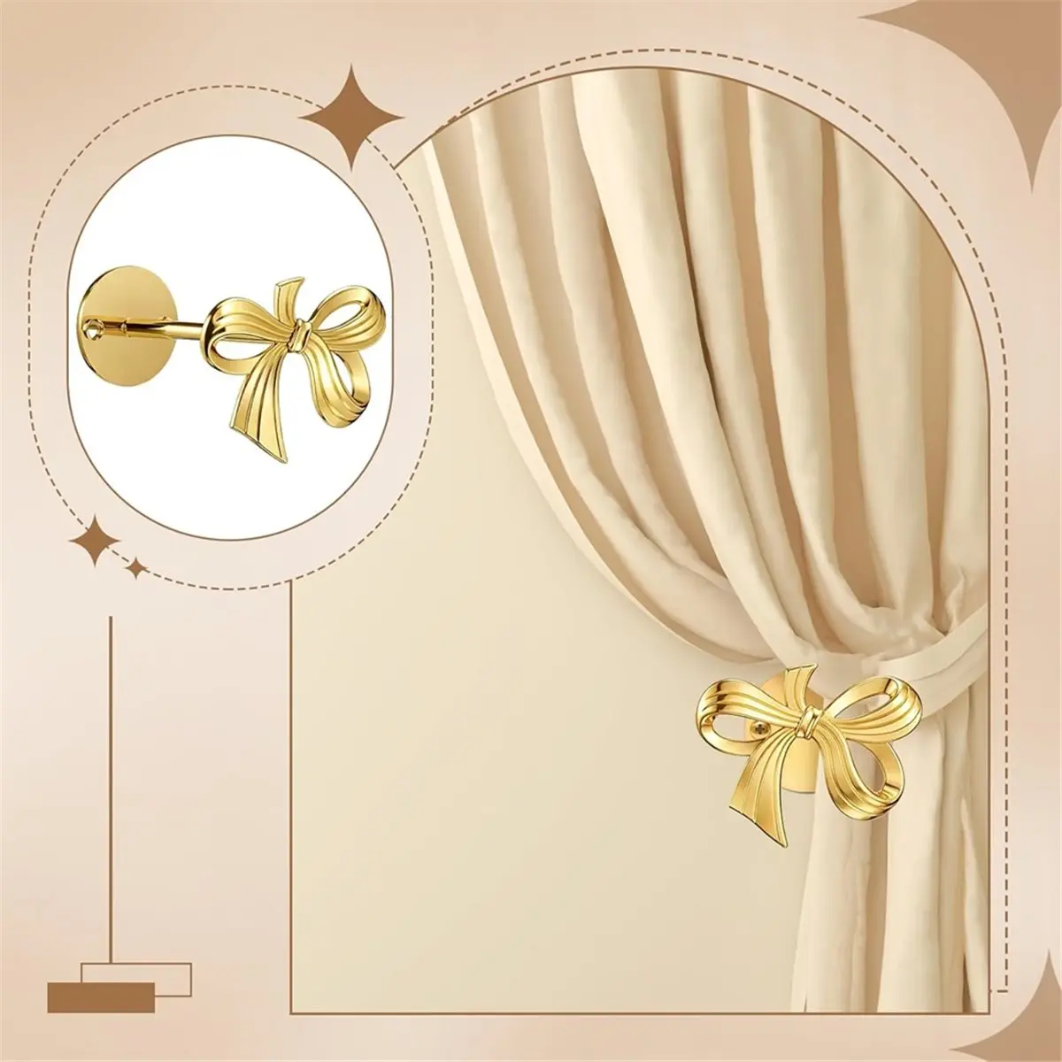 2Pc Metal Bow Curtain Holdbacks Wall Mounted Bow Curtain Hold Backs Curtains Holders for Living Room Bedroom Home