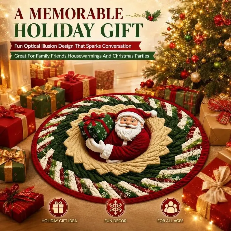 VIKAMA Round Christmas Rug, Santa Holding Gift Circle Carpet Mat, Red Green Spiral Pattern, 2027 Merry Christmas Decor