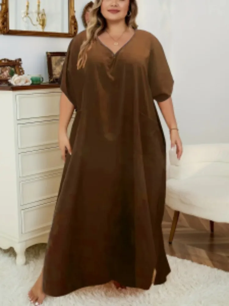 

Plus Size 1XL-5XL Women All Seasons Fashionable Solid Color V-neck Short Sleeve Dress Women Loose Fit Suitable Breathable Dress