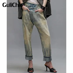 8.2 GuliChic Women's 2024 Summer New Irregular Waist Jeans pure cotton Washed Distressed Denim Pants