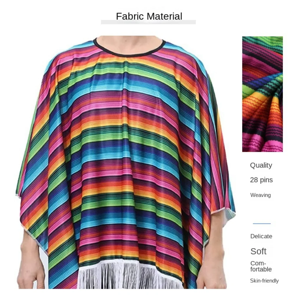 Manto étnico mexicano traje halloween arco-íris listra estilo mexicano capa capa folk cosplay poncho mexicano festa de férias