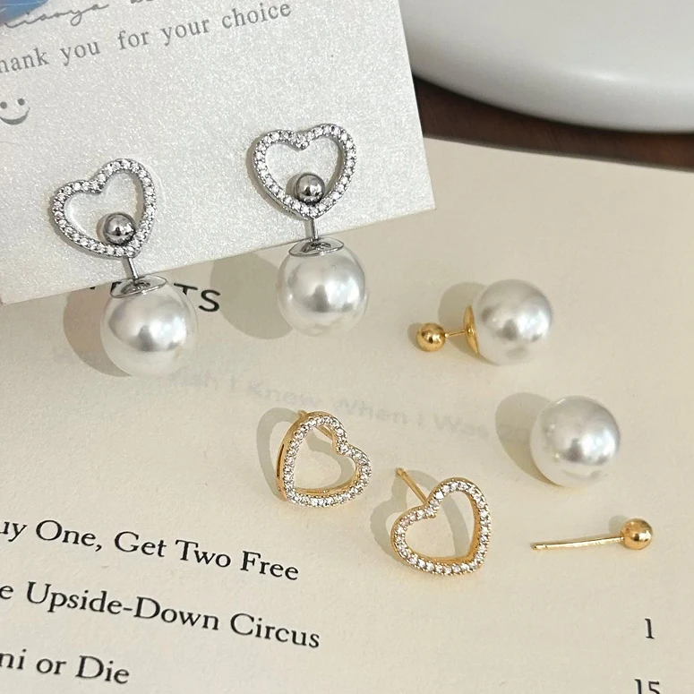 

PONYKISS Tibetan Silver Zircon Imitation Pearl Hollow Heart Stud Earring for Women Trendy Detachable Fashion Jewelry Accessories