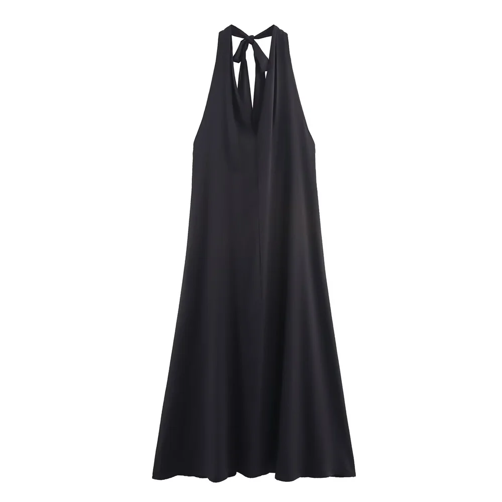 New women's European and American style bow decoration hanging neck MIDI dress