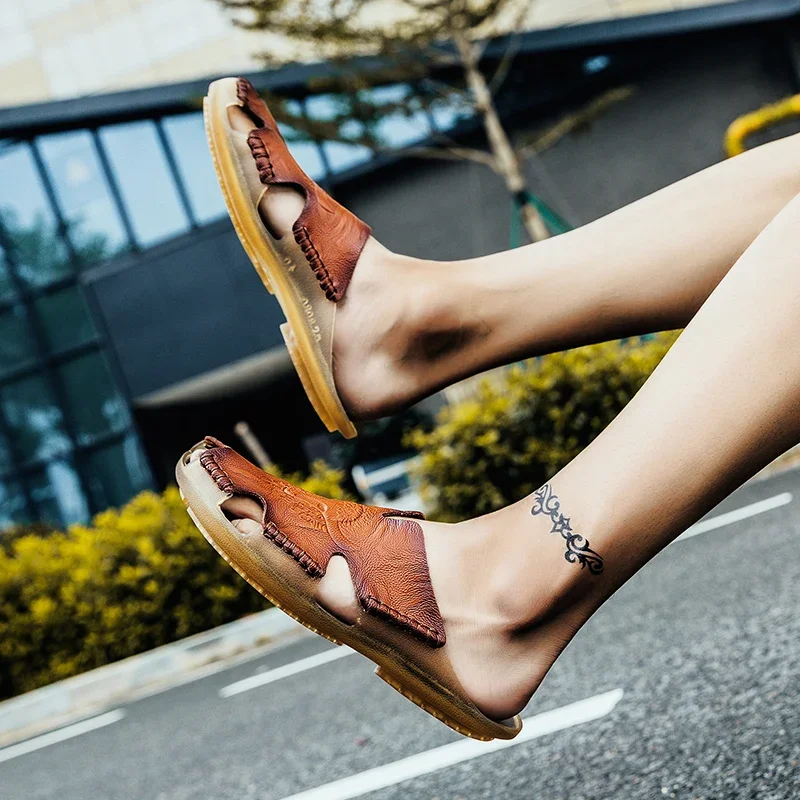 Sandalias de cuero de talla grande para hombre, zapatos clásicos de verano para hombre, zapatillas, sandalias suaves, calzado romano cómodo para caminar al aire libre