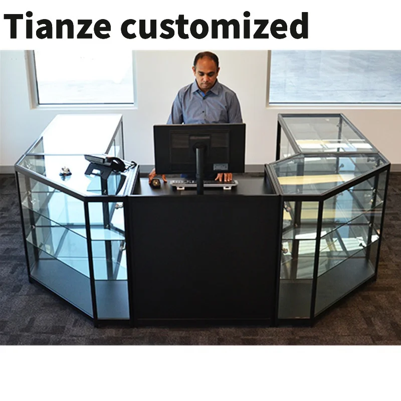 Customized-FullRetail Convenience Store Glass Display Showcase Lockable Cash Desk Checkout Counter with Led Light