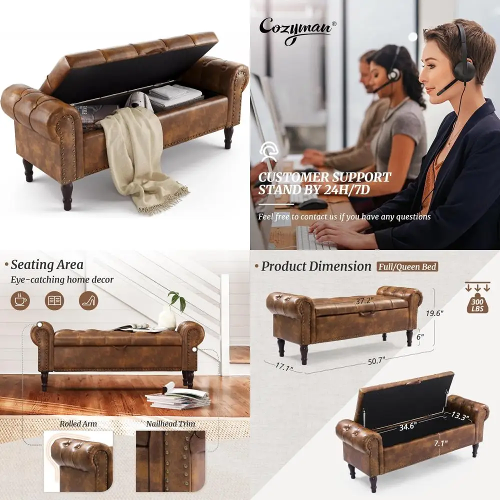 مقعد تخزين منجد من الجلد الصناعي بحجم كوين مع تصميم أزرار معنقدة وذراع ملفوف وحواف رأس أظافر لغرفة النوم