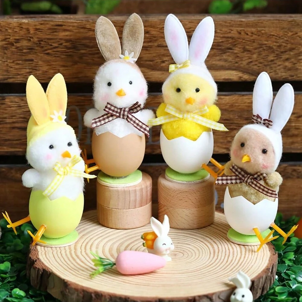 Easter Bunny Rabbit Ear Chick Plush Eggshell Standing Doll Ornament Spring Easter Home Decor Farm Theme Party Supplies Kids Gift