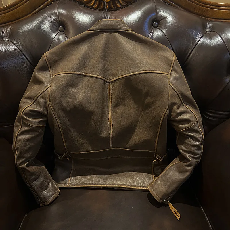 Classic J 100 Motorcycle Leather Jacket With Cowhide Split Pattern On The Top Layer Distressed Vintage Coffee Color