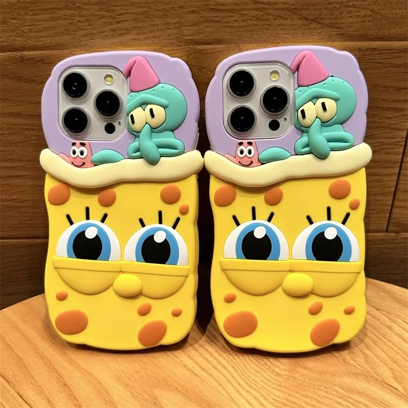 

3D Cartoon Cute SpongeBobs SquarePants Patricks Stars Phone Case For iPhone 15 14 13 12 11 Pro Max Soft Silicone Back Cover Gift