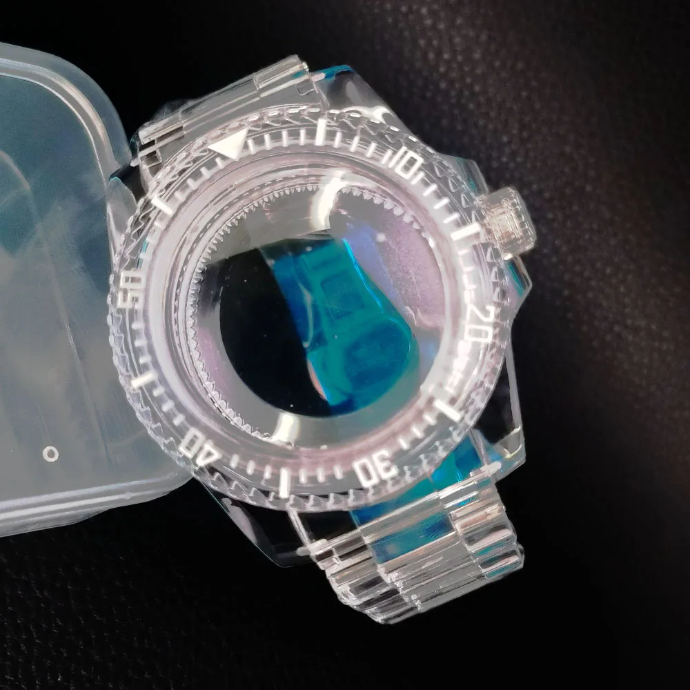 

40mm case green luminous acrylic transparent SUB unidirectional rotating case fits NH35/36 movement 20mm strap watch accessories