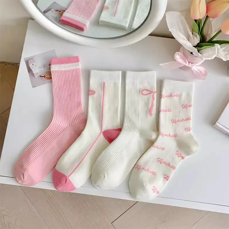 Female Ballet Style Pink Bow Letter Print Socks for Girl Summer Thin Japanese College Style Casual Middle Length Casual Socks