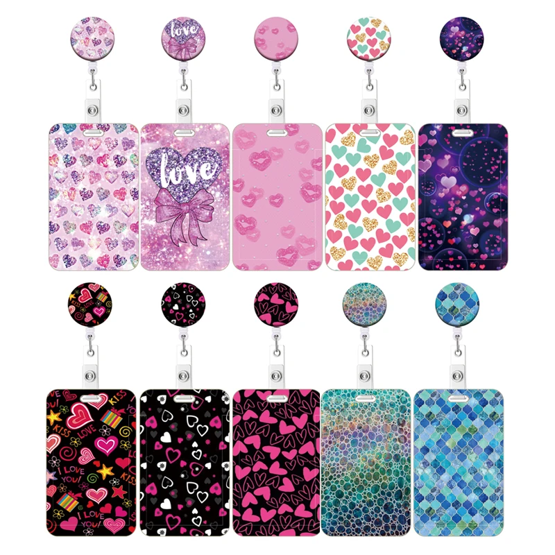 New Style Color Love  Retractable Clip Reel Card Holder Heart Shape ID Business Work Card Yoyo Badge Holders Office Supplies