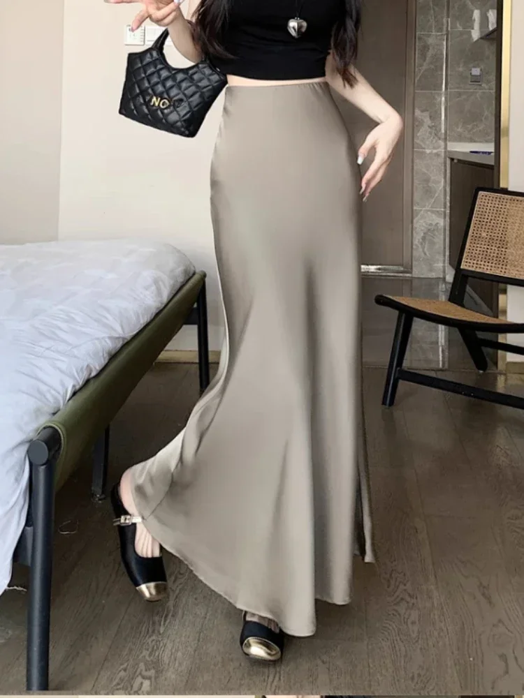 Solid Champagne Black Midi Skirts for Women Fashion Korean Summer Women's Long Skirt Silk High Waisted Slim Satin Skirt
