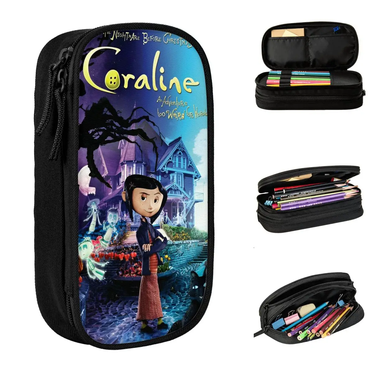 coralines boneca horror cartoon pen box dupla camada grande capacidade acessorios escolares caixa de lapis presentes perfeitos 01