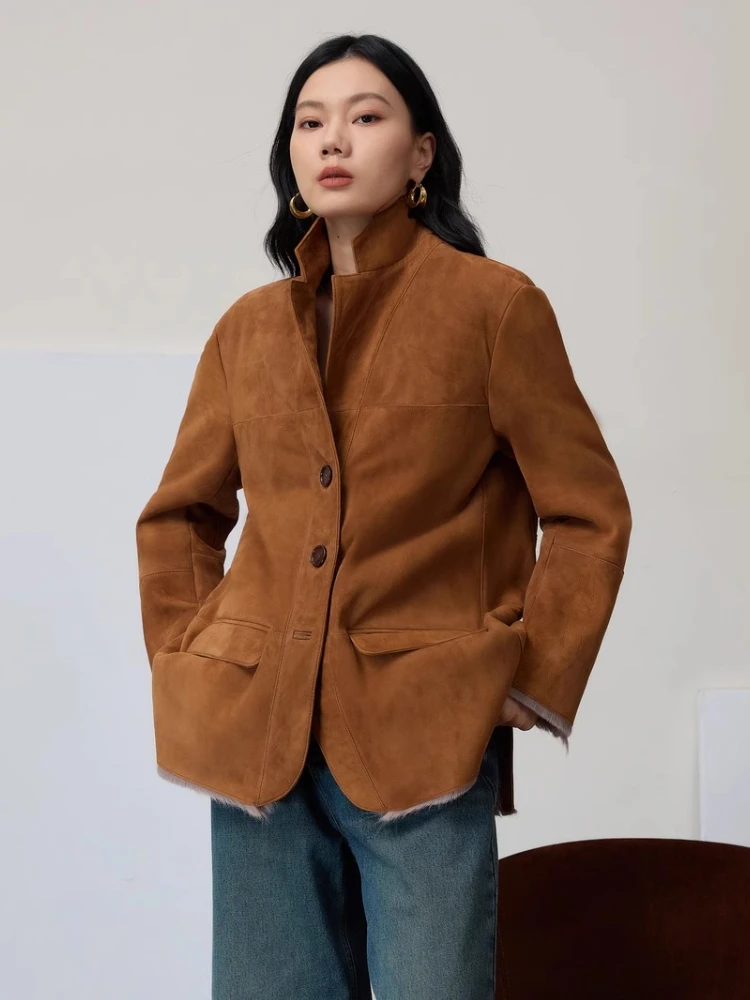 High-end-Luxus Echt Ziegenleder Lamm Pelz Wildleder Mantel für Frauen Einfache Klassische Vintage Echtpelz Echtes Leder winter Blazer Jacke