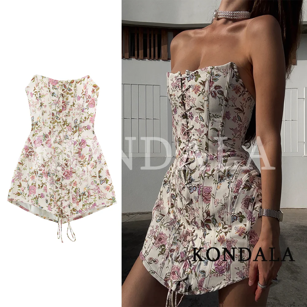 KONDALA Damen Elegantes Blumenmuster Trägerloses Kleid Sexy Schlankes Schnürkorsett-Kleid 2026 Sommer Mode Urlaub Party Schickes Minikleid