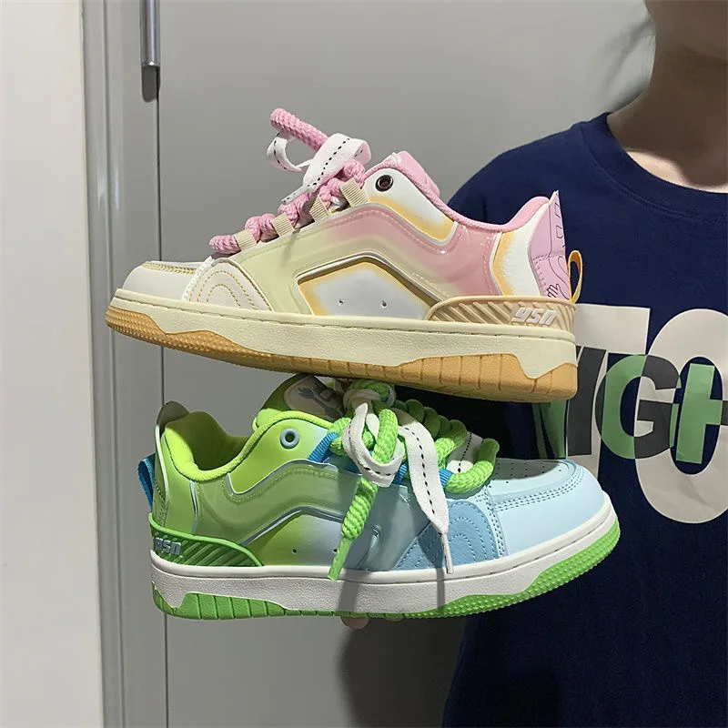 Two-tone Matching Board Shoes Students Casual Thick Sole Design Sneakers Patchwork Sports Flat Shoes Pink Green Random Color