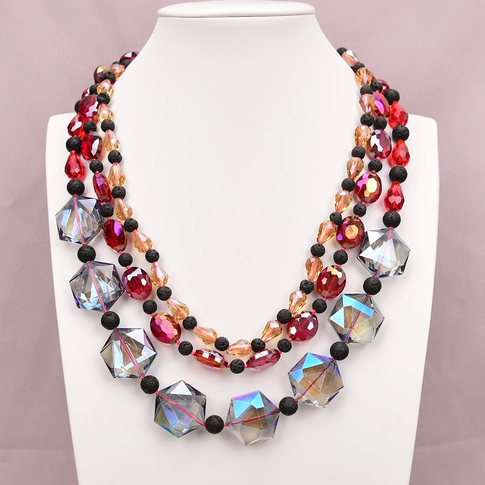 APDGG A123 Handmade 3 Rows Natural Mix Stone Volcanic rock Crystal Multi Strands Necklace