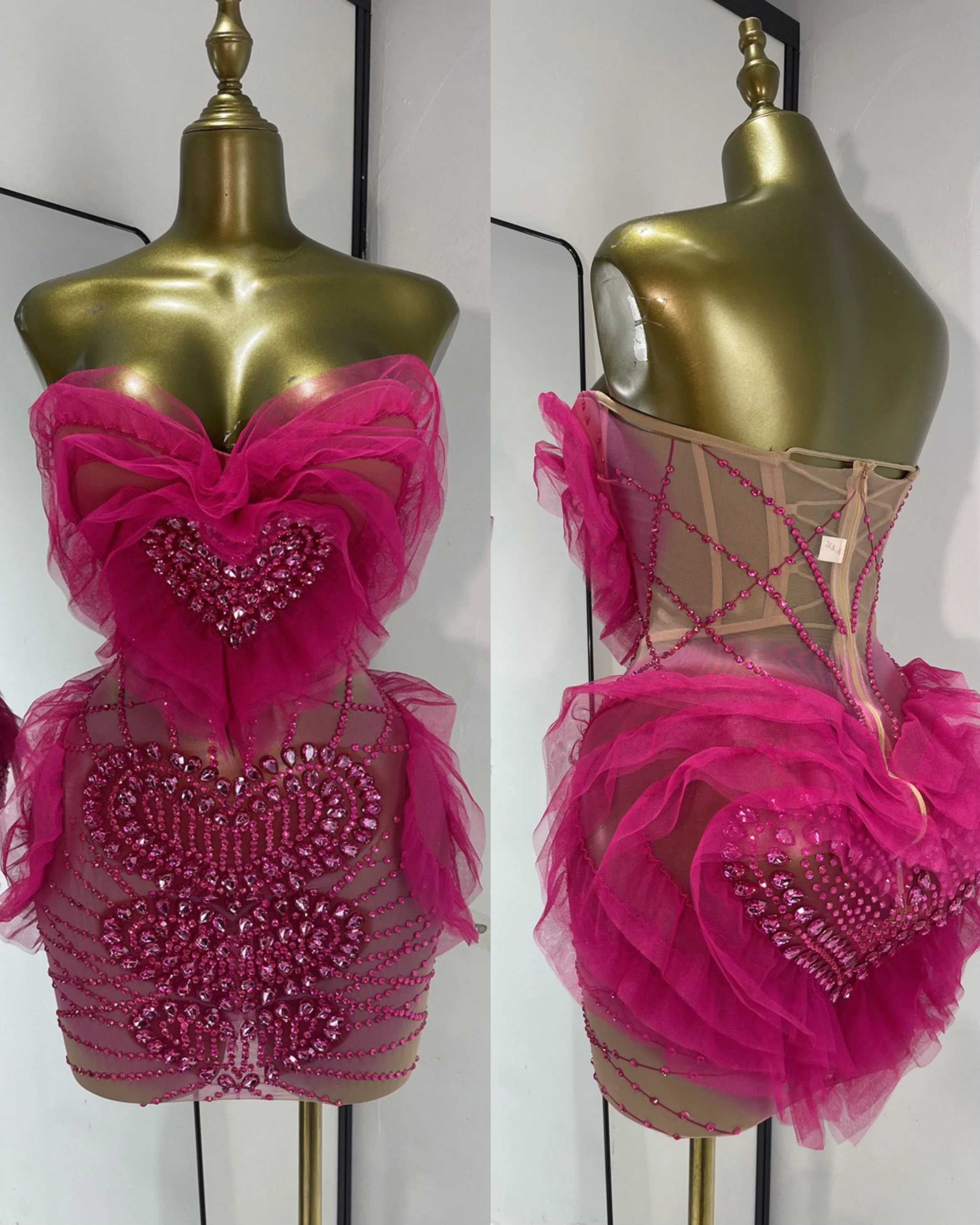 Women Heart Rhinestone Mini Bodycon Dress Hot Girl Nightclub Bar Outfit High Street Cocktail Party Slim Wrap Short Club Dress