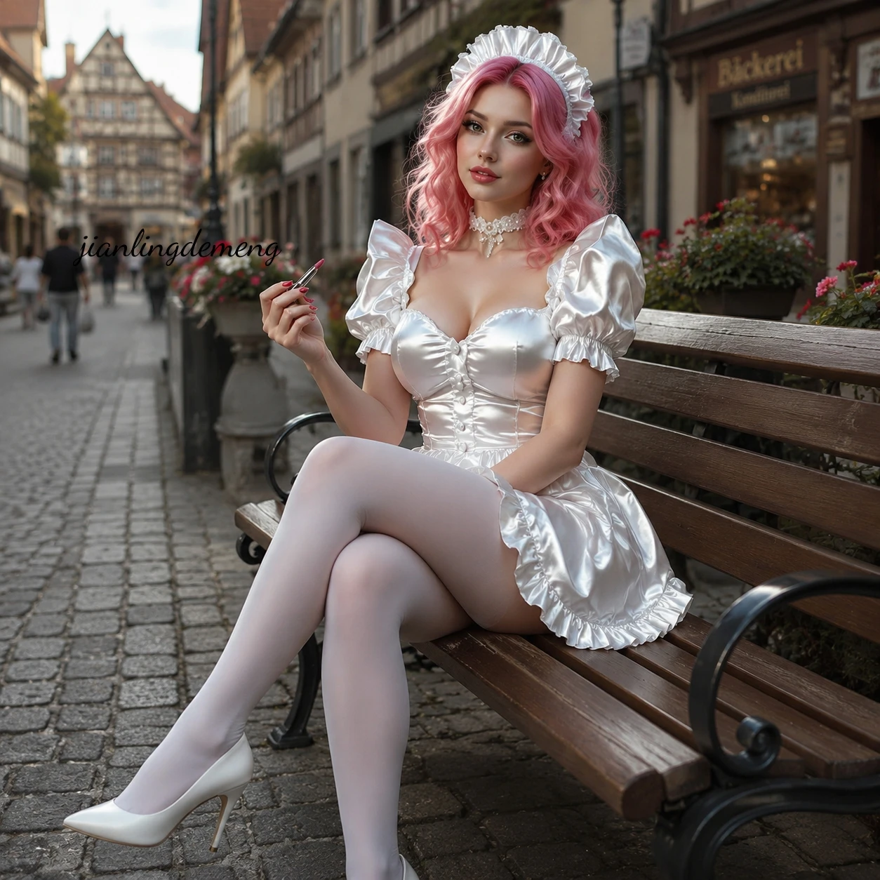 Vestido de Fiesta Mini Kawaii Blanco Brillante Satinado Estilo Sirvienta con Escote Corazón, Manga Abullonada, Ribete de Botones y Dobladillo con Volantes, Disfraz de Cóctel Personalizado