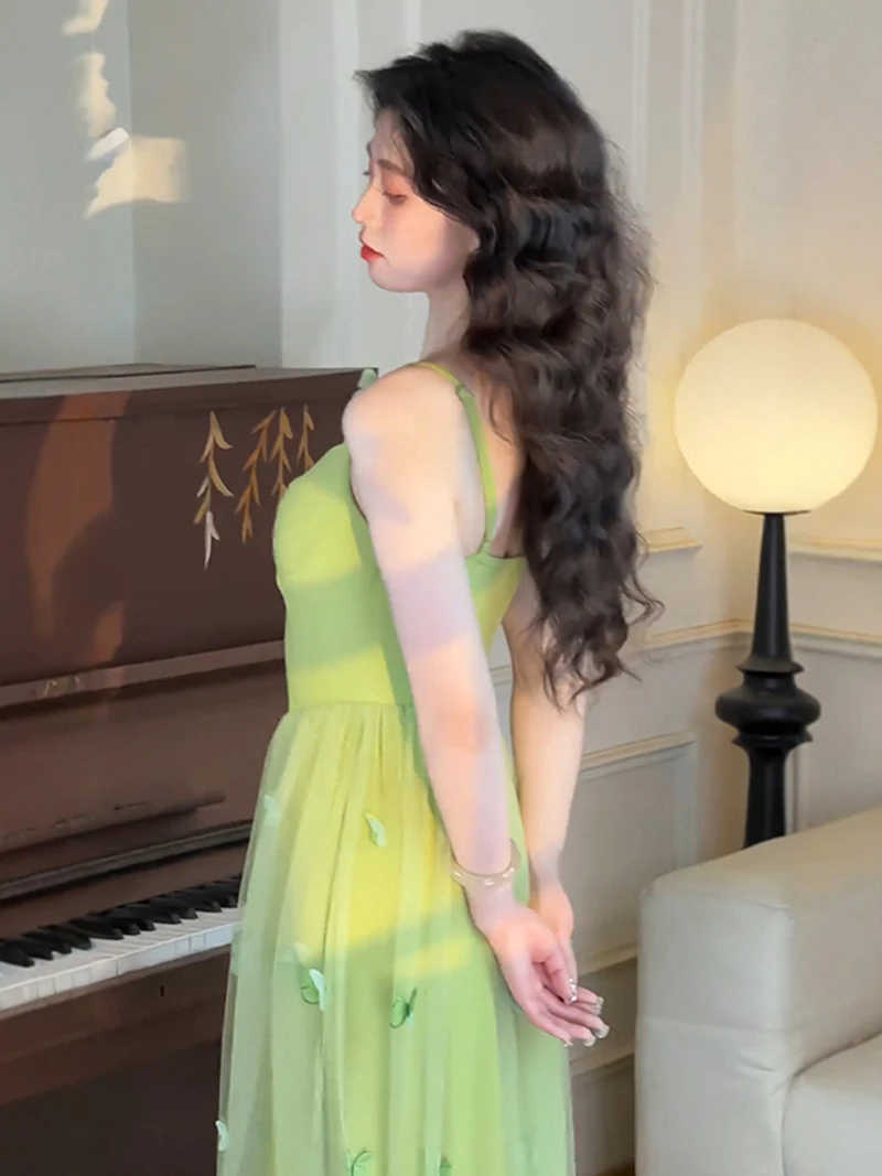 French Retro Green Splicing Lace Sling Dress For Women Summer New Style Temperament High Waist Slimming Fit Fairy Long Dresses