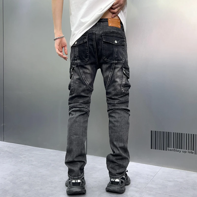 Retro Biker's Jeans Men's Stitching Ruffle Design Street Vintage Fashion Trendy Slim Fit Stretch Skinny Trousers