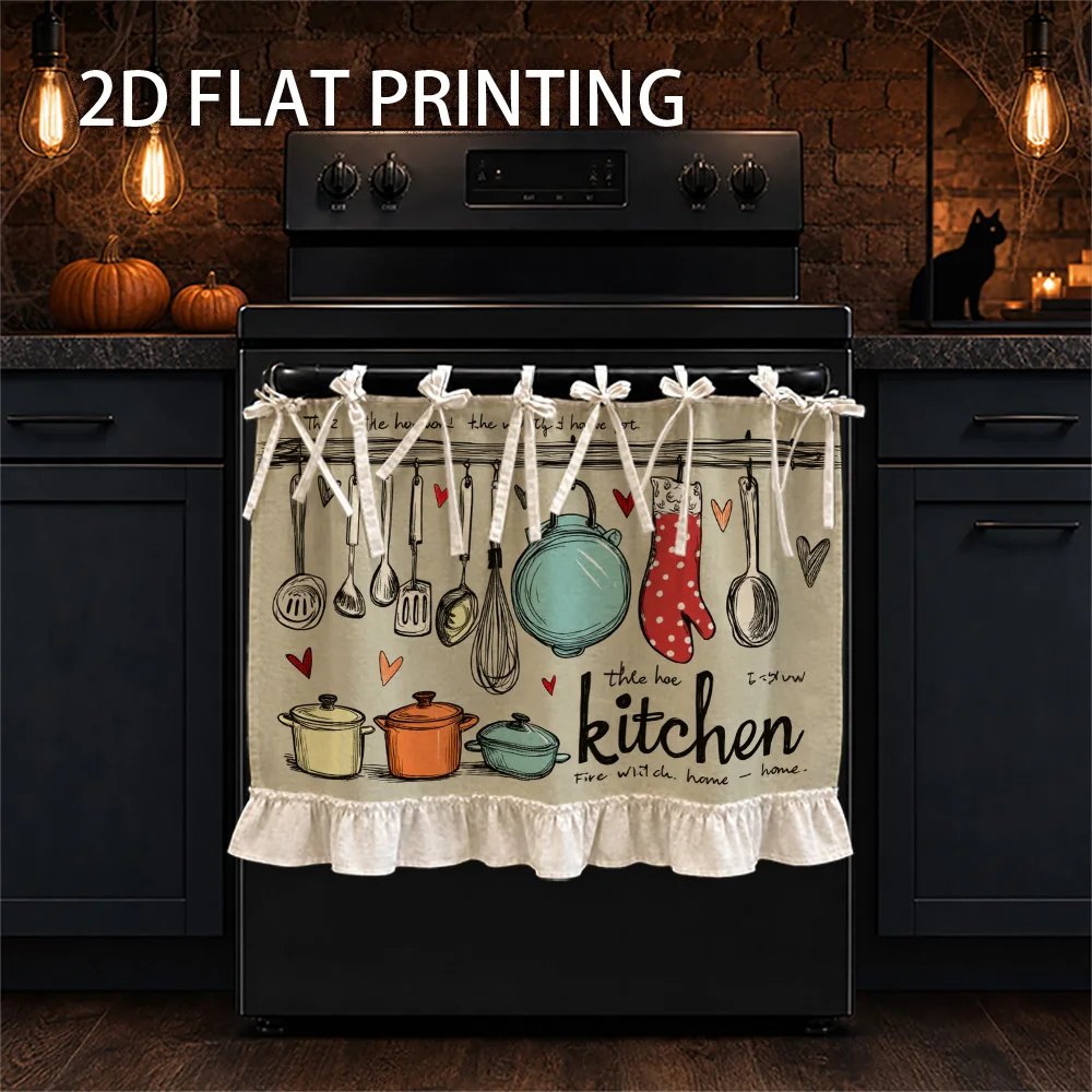 1PC kitchen stove curtain, cabinet curtain and apron. Designed with 2D graphics, including kitchenware, pots and hearts. Use as