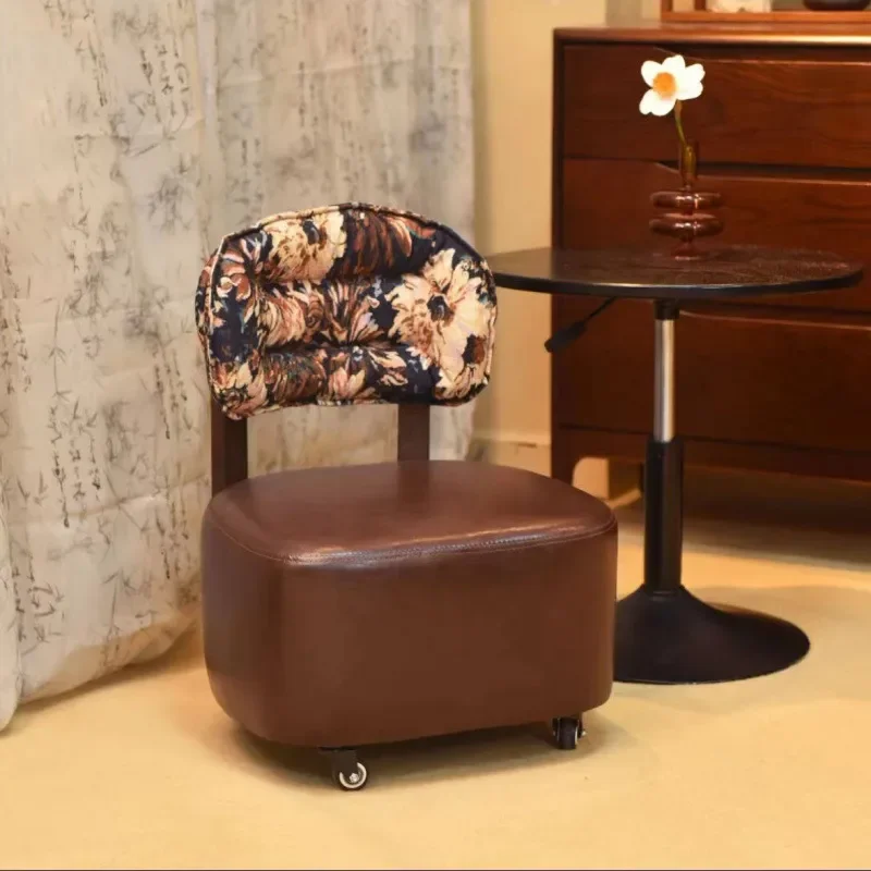 Solid Wood Rotating Stool with Backrest Jacquard Cushion Low Seat for Home Living Room Compact Design Smooth Swivel