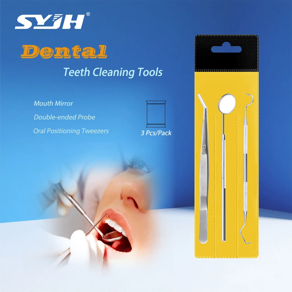 

SYJH 3Pcs Stainless Steel Dentist Clean Tools Dental Mirror Double Probe Sickle /Hoe Tooth Cleaner Dental Instrument Tool Kit