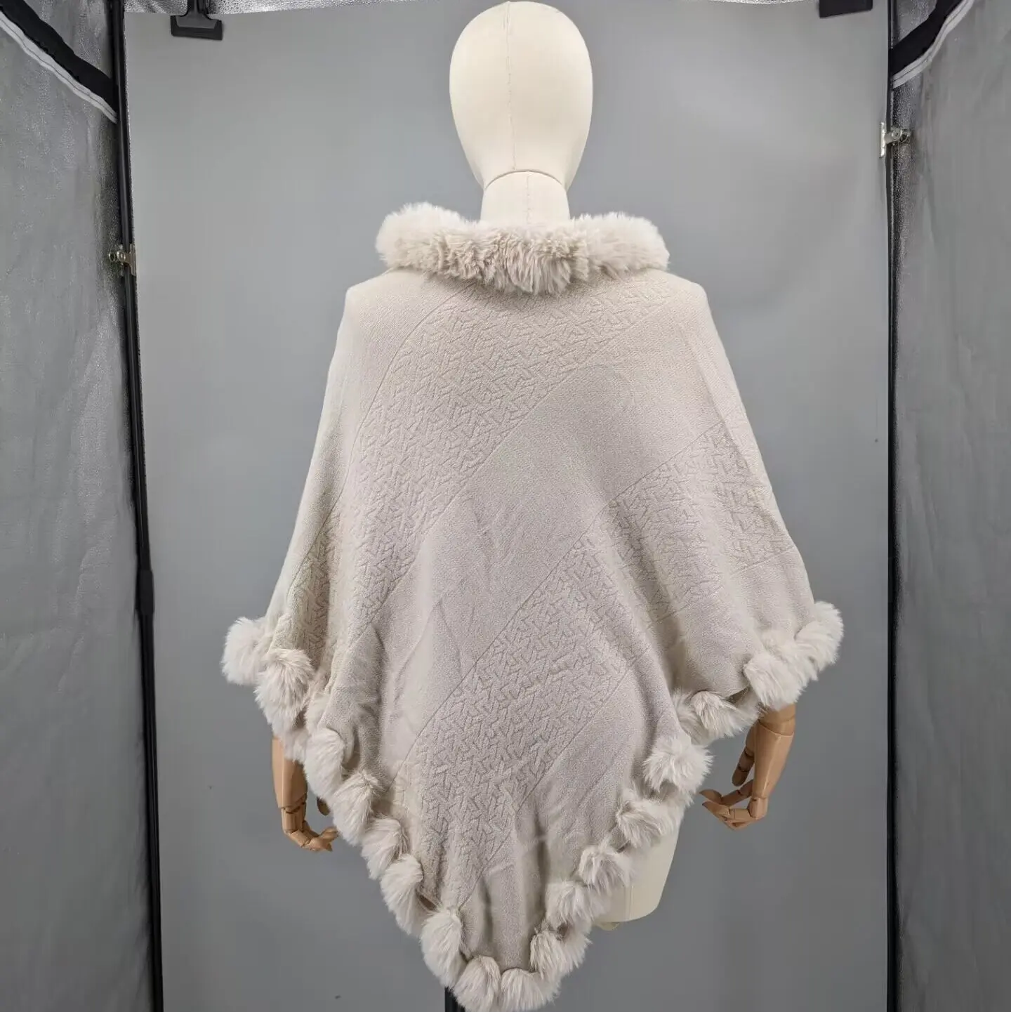 Women Cream White Knit Triangle Poncho Faux Fur Pom Pom Fringe Trim Pullover Cape Casual Light Layering Shawl Outerwear 23A0624