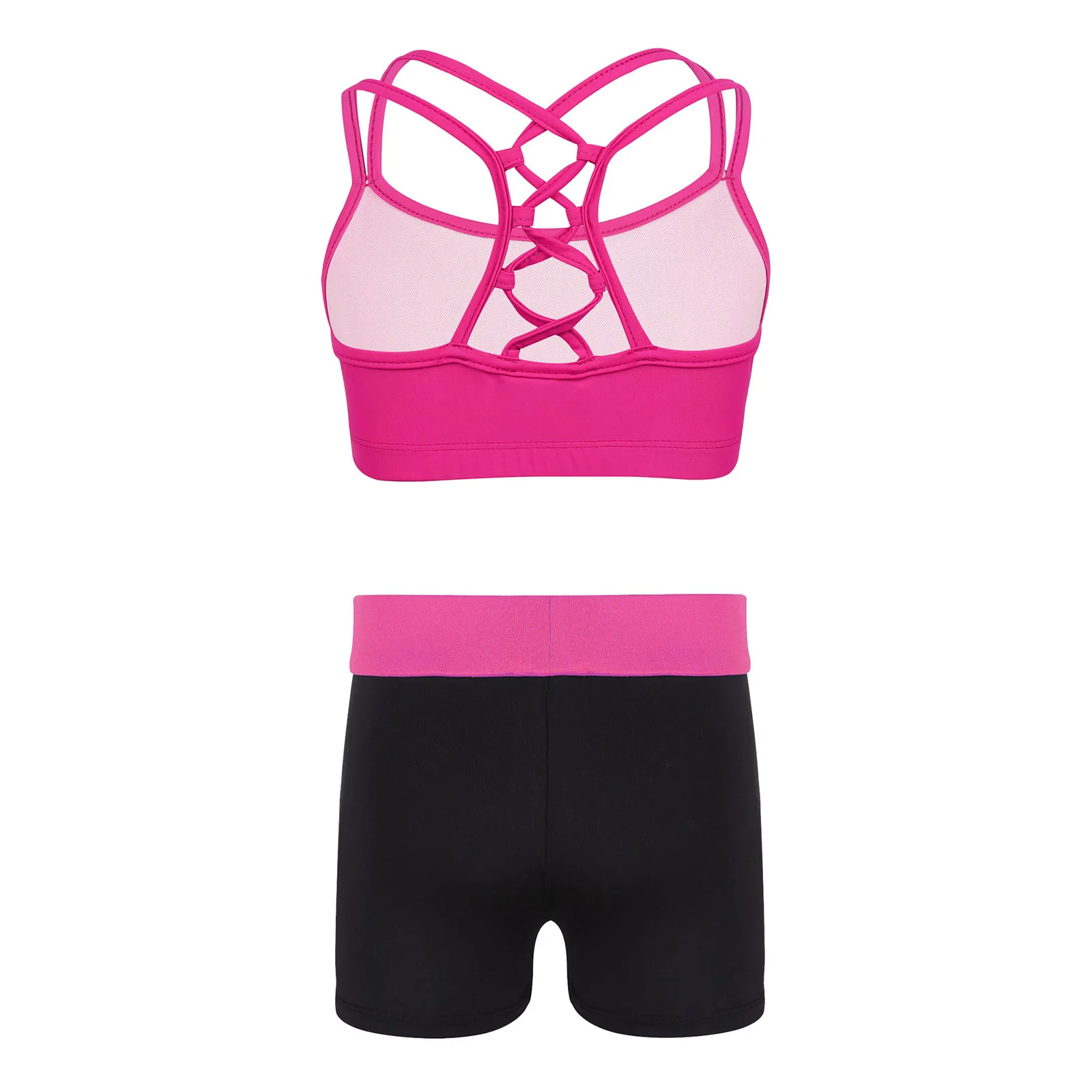 Kids Girls Ballet Leotard Strappy Crop Top + Shorts Outfit Set for Gymnastics Workout Yoga Sport Dance Stage Performance Clothes