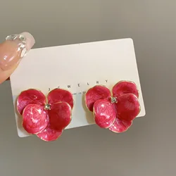 Red Blue Flower Stud Earrings for Women Wedding Party Enamel Oil Crystal Big Earrings Trendy Elegant Jewelry Girls Gift
